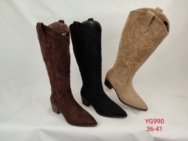 Bota campera alta con bordado y tacón ancho