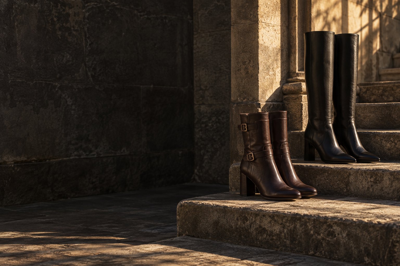 Composición editorial de botas negras y marrones sobre piedra, iluminadas por el sol
